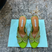 AQUAZZURA 26S HIGH-HEEL SANDALS 105 MM IN GREEN SATIN AND MESH