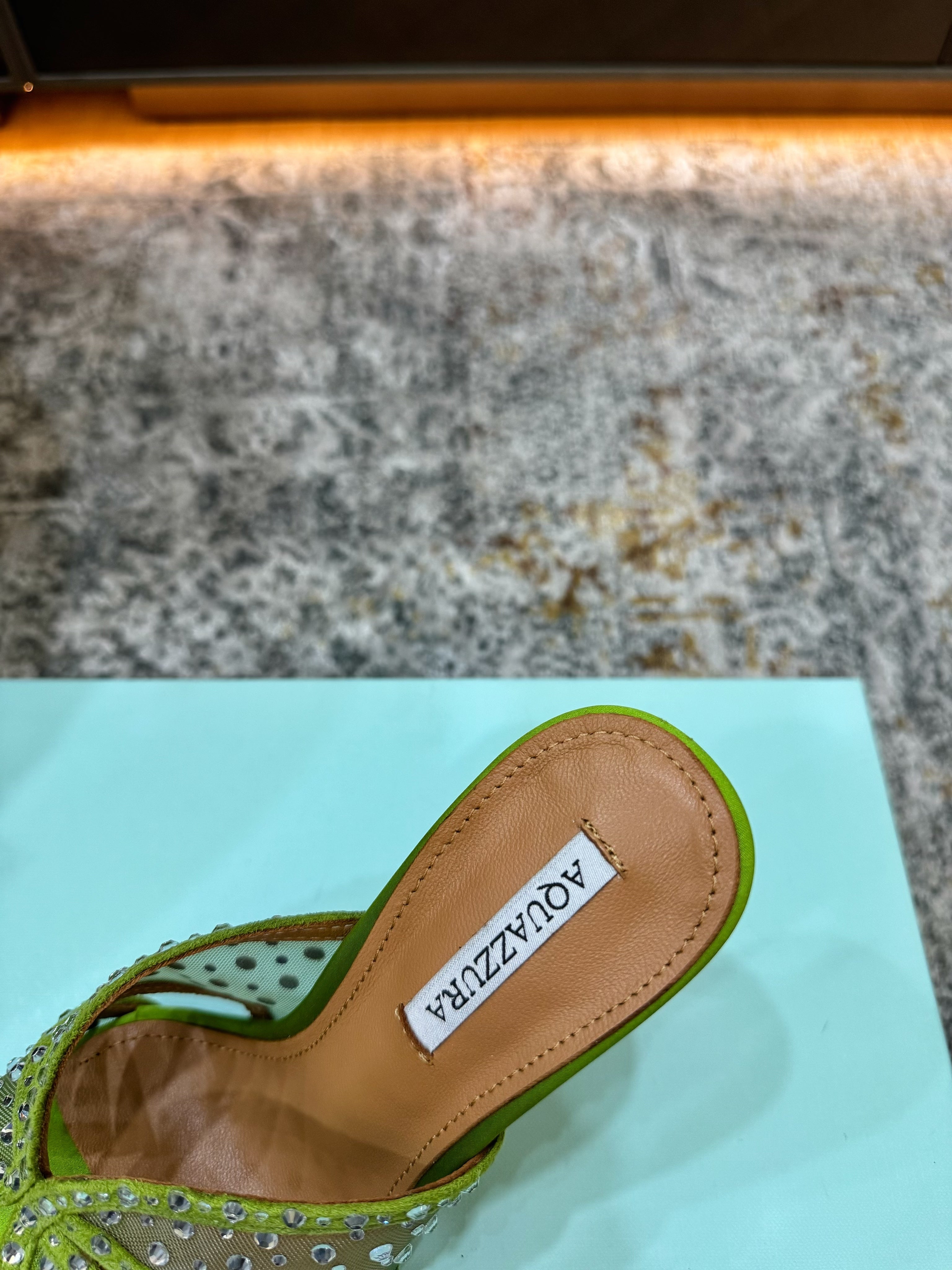 AQUAZZURA 26S HIGH-HEEL SANDALS 105 MM IN GREEN SATIN AND MESH