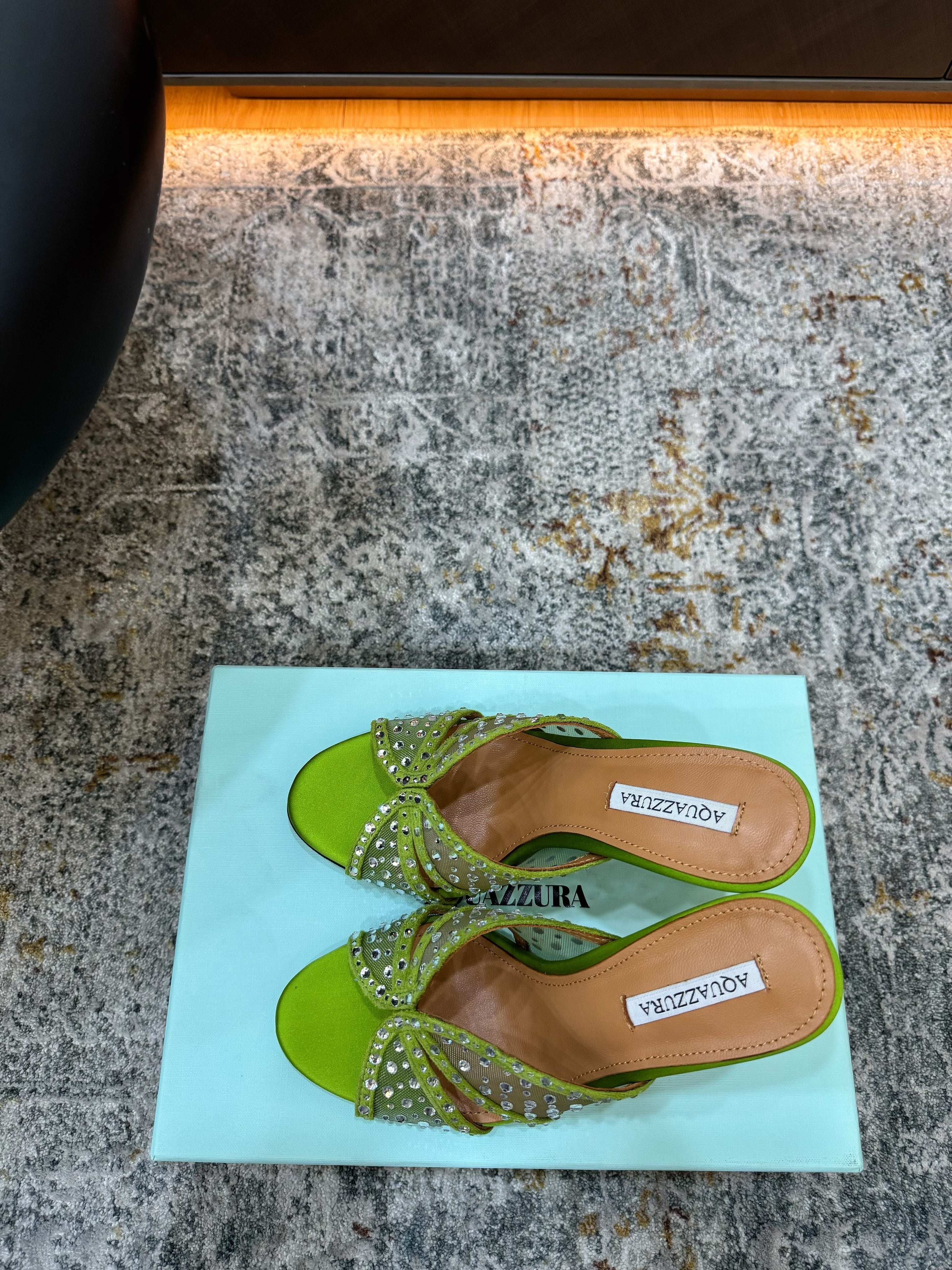 AQUAZZURA 26S HIGH-HEEL SANDALS 105 MM IN GREEN SATIN AND MESH