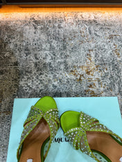 AQUAZZURA 26S HIGH-HEEL SANDALS 105 MM IN GREEN SATIN AND MESH