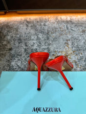 AQUAZZURA 26S HIGH-HEEL SANDALS 105 MM IN RED PATENT CALFSKIN AND MESH
