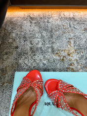 AQUAZZURA 26S HIGH-HEEL SANDALS 105 MM IN RED PATENT CALFSKIN AND MESH