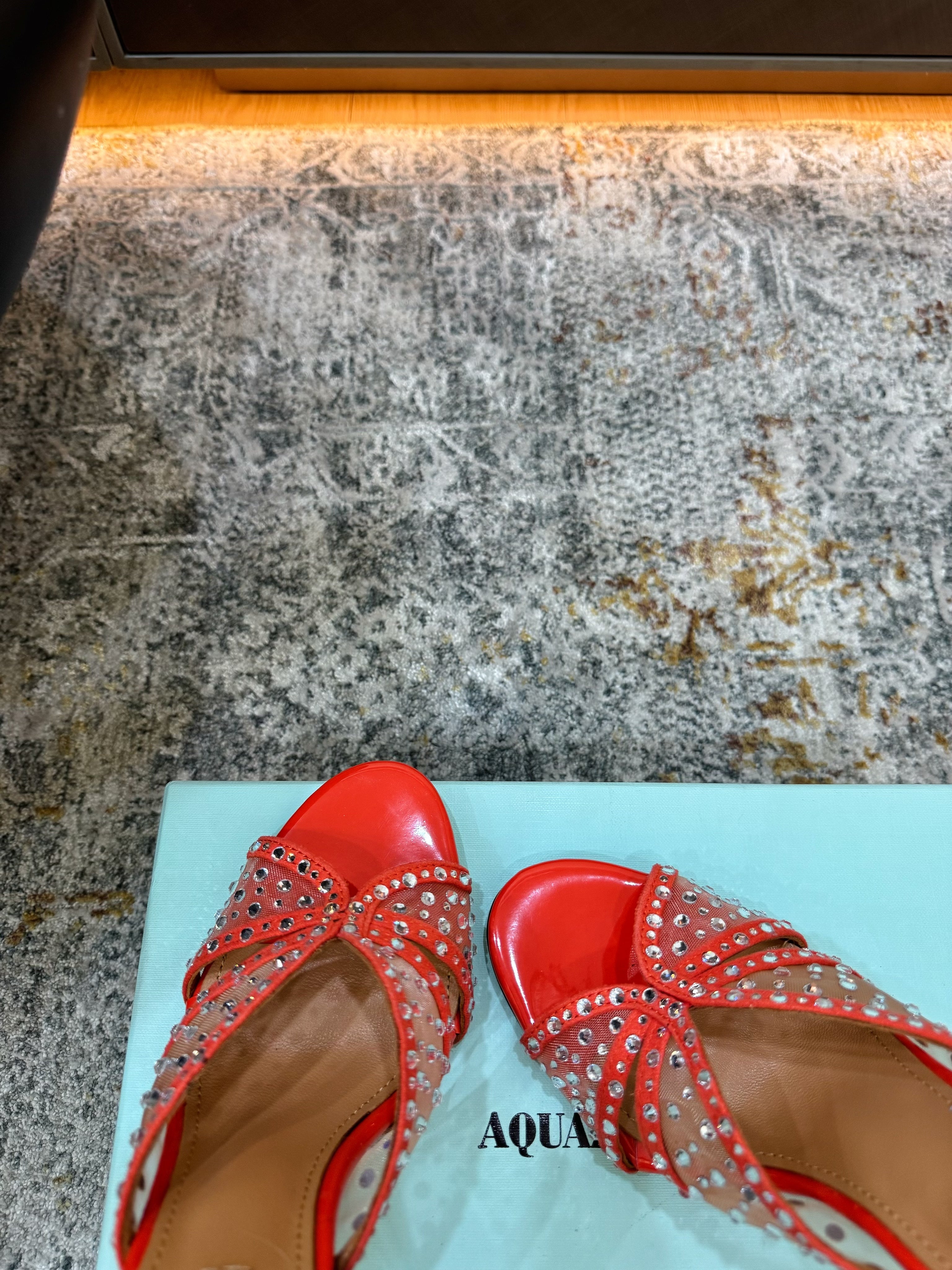 AQUAZZURA 26S HIGH-HEEL SANDALS 105 MM IN RED PATENT CALFSKIN AND MESH