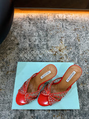 AQUAZZURA 26S HIGH-HEEL SANDALS 105 MM IN RED PATENT CALFSKIN AND MESH