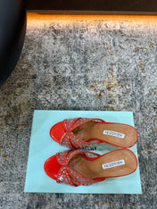 AQUAZZURA 26S HIGH-HEEL SANDALS 105 MM IN RED PATENT CALFSKIN AND MESH