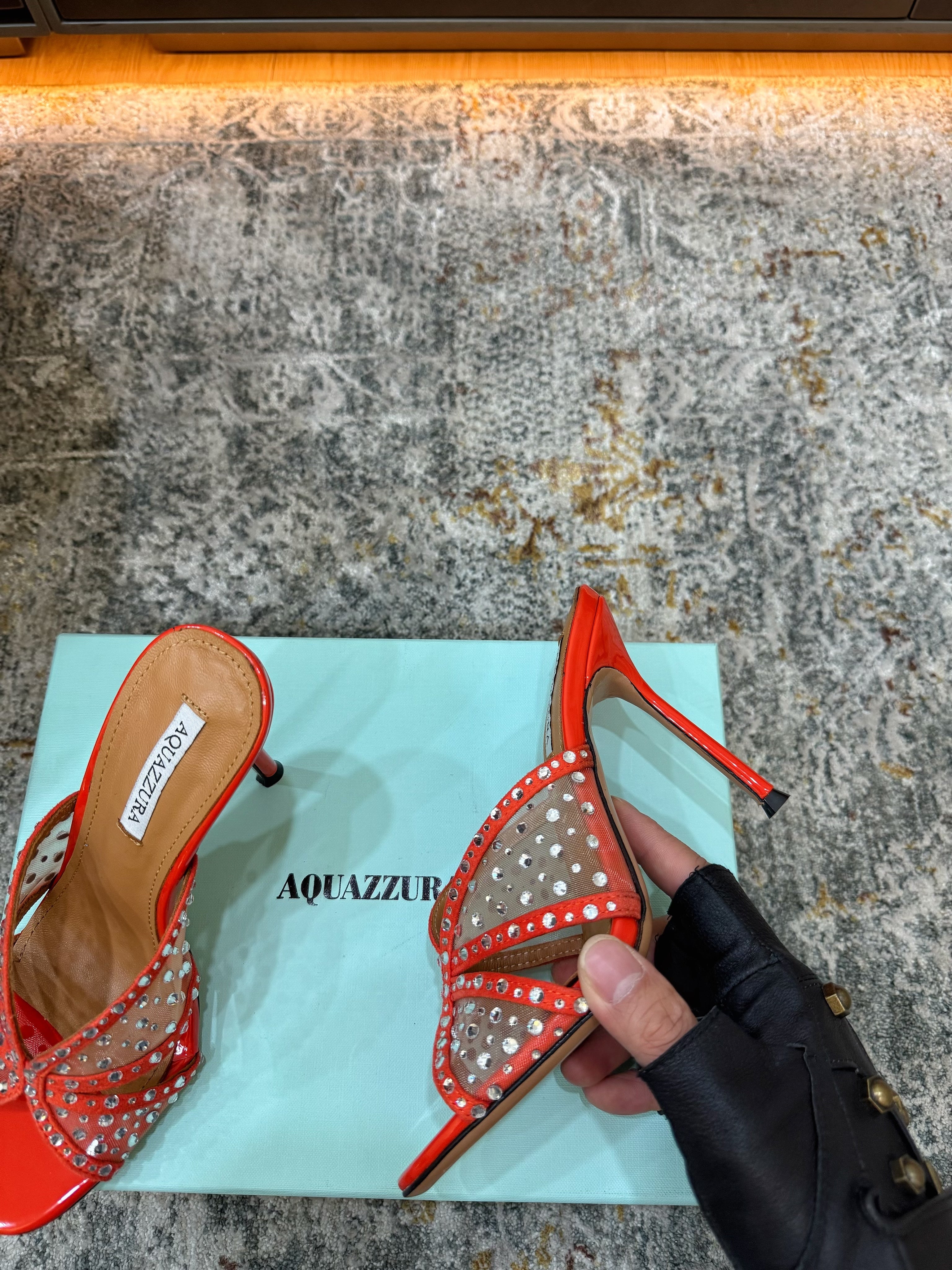 AQUAZZURA 26S HIGH-HEEL SANDALS 105 MM IN RED PATENT CALFSKIN AND MESH