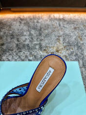 AQUAZZURA 26S HIGH-HEEL SANDALS 105 MM IN NAVY BLUE PATENT CALFSKIN AND MESH