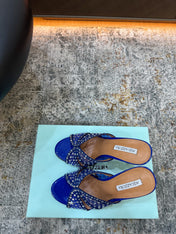 AQUAZZURA 26S HIGH-HEEL SANDALS 105 MM IN NAVY BLUE PATENT CALFSKIN AND MESH