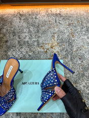AQUAZZURA 26S HIGH-HEEL SANDALS 105 MM IN NAVY BLUE PATENT CALFSKIN AND MESH