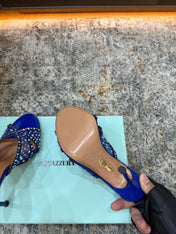 AQUAZZURA 26S HIGH-HEEL SANDALS 105 MM IN NAVY BLUE PATENT CALFSKIN AND MESH