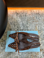 PRADA 26S POINTED TOE LACE UP SLINGBACK PUMPS 55MM IN DARK BROWN SUEDE