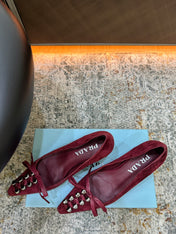 PRADA 26S POINTED TOE LACE UP STUDDED PUMPS 55MM IN BURGUNDY RED SUEDE