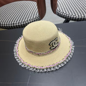 CHANEL 26S LACE & FLORAL TRIM STRAW HAT 337939