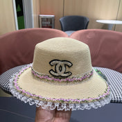 CHANEL 26S LACE & FLORAL TRIM STRAW HAT 337939