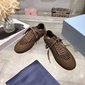 PRADA 26S LACE UP OPENWORK KNIT SNEAKERS IN DARK BROWN KNIT FABRIC