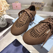 PRADA 26S LACE UP OPENWORK KNIT SNEAKERS IN DARK BROWN KNIT FABRIC