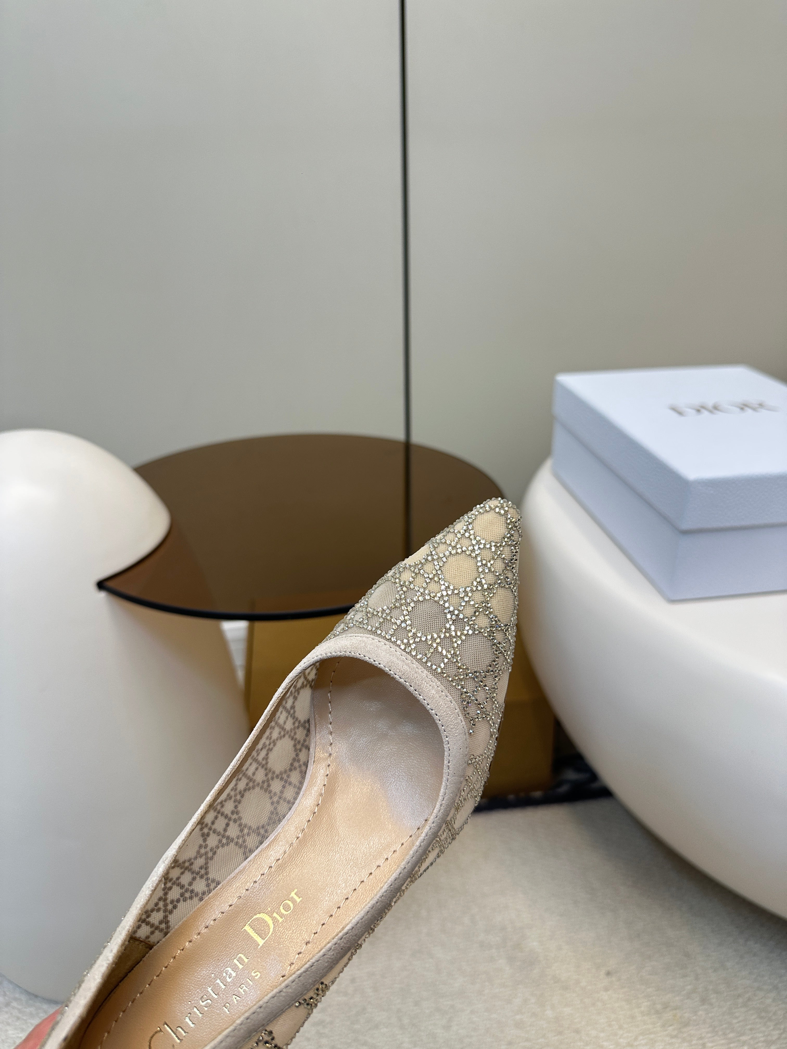 POINTED TOE HEELS 55MM IN NUDE MESH WITH RHINESTONES