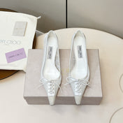 JIMMY CHOO 26S LACE-UP HEELS IN WHITE LACE AND LAMBSKIN