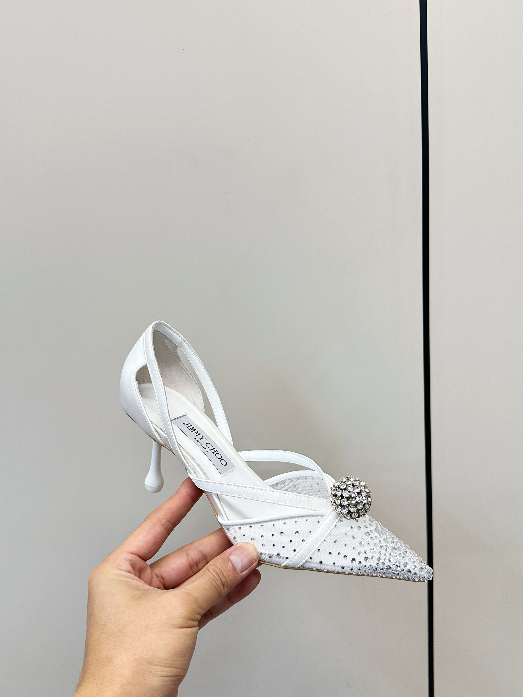 JIMMY CHOO 26S POINTED-TOE HIGH HEELS IN WHITE CRYSTAL EMBELLISHMENT