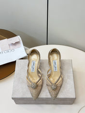 JIMMY CHOO 26S POINTED-TOE HIGH HEELS IN BEIGE CRYSTAL EMBELLISHMENT