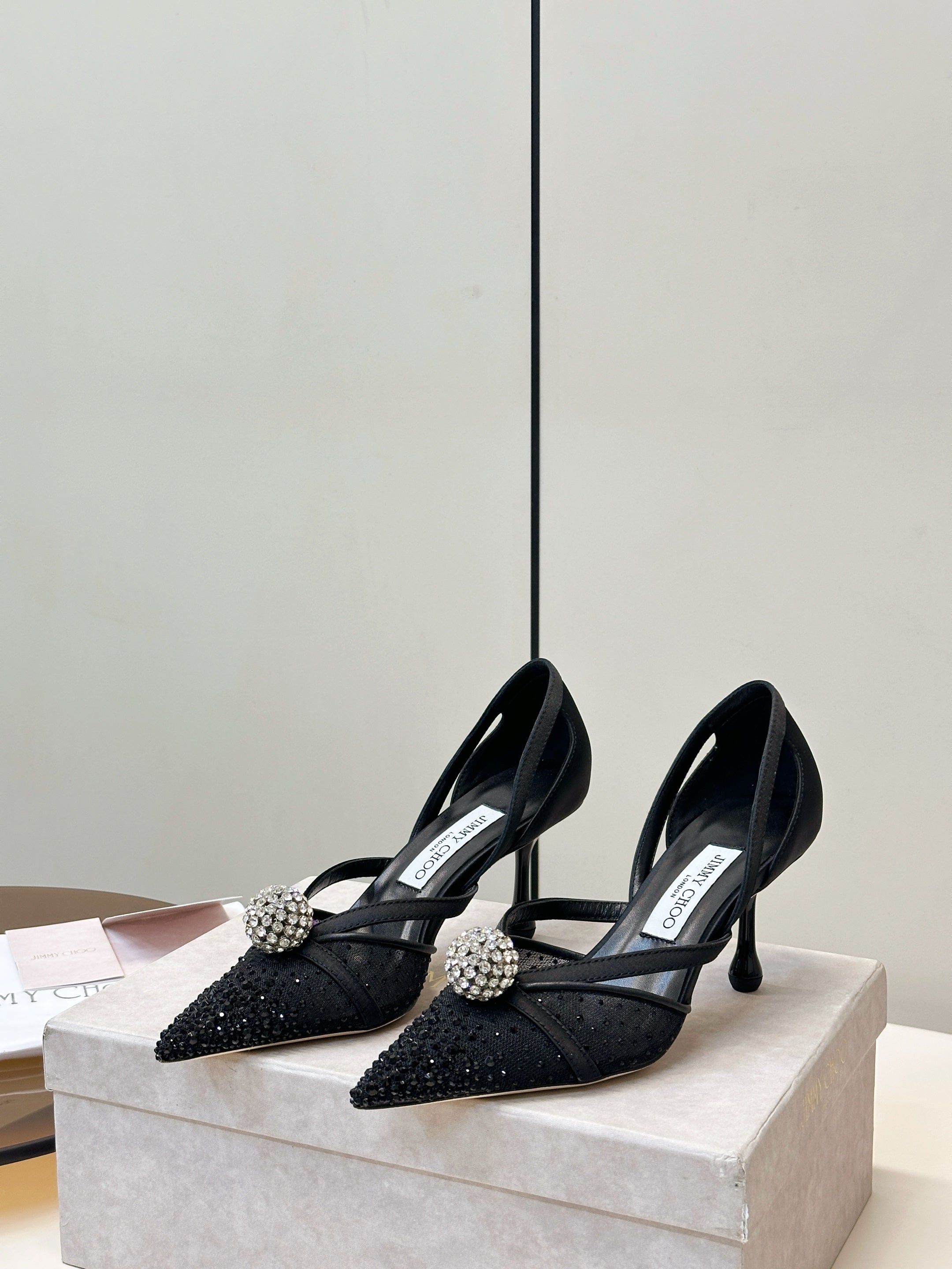 JIMMY CHOO 26S POINTED-TOE HIGH HEELS IN BLACK CRYSTAL EMBELLISHMENT