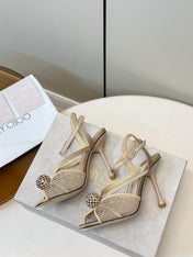 JIMMY CHOO 26S HEELED SANDALS 100 MM IN BEIGE CRYSTAL EMBELLISHMENT