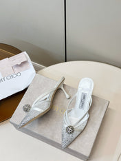 JIMMY CHOO 26S HEELED MULES 80 MM IN WHITE CRYSTAL EMBELLISHMENT