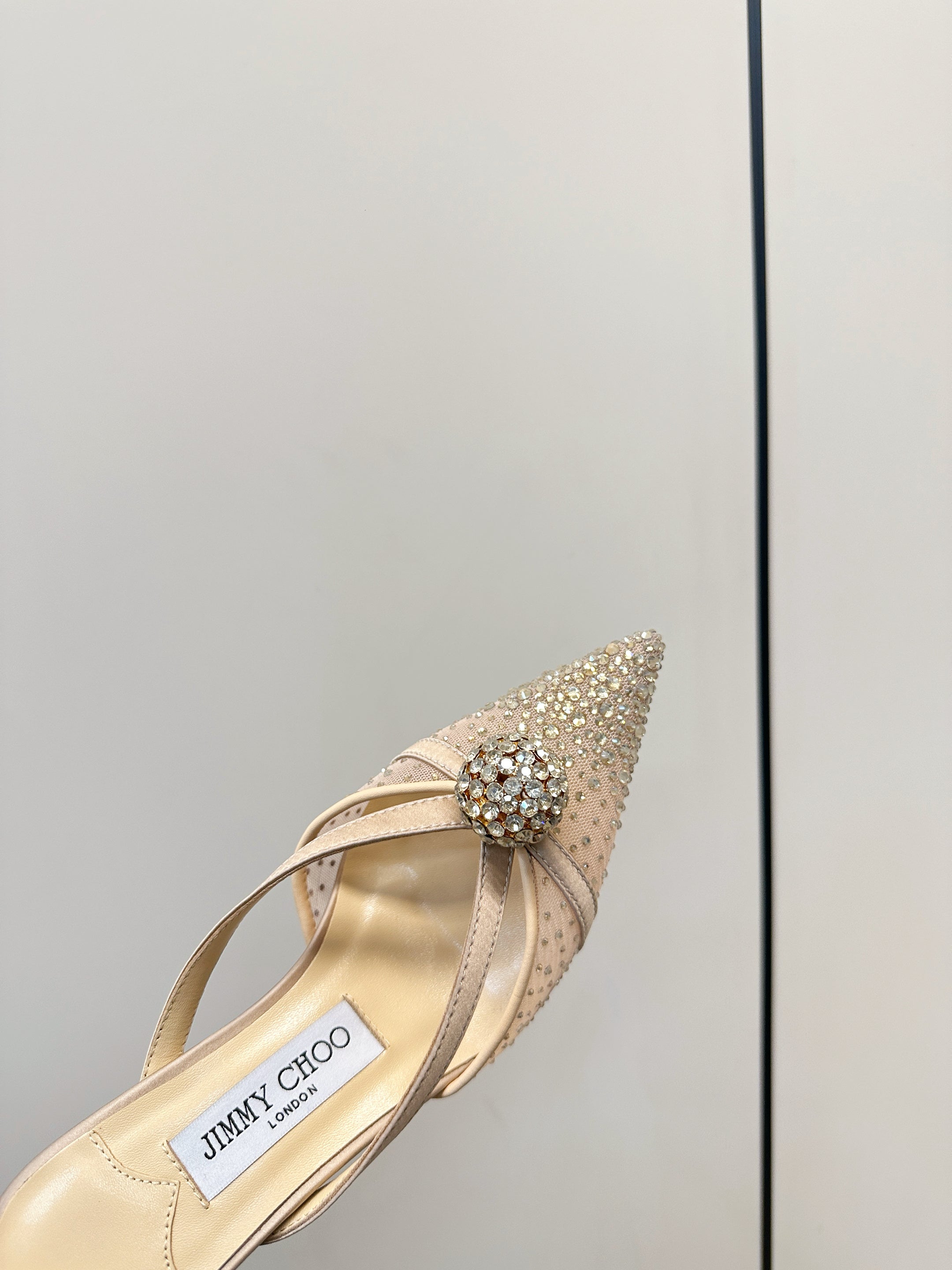 JIMMY CHOO 26S HEELED MULES 80 MM IN BEIGE CRYSTAL EMBELLISHMENT