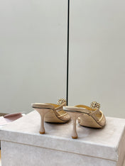 JIMMY CHOO 26S HEELED MULES 80 MM IN BEIGE CRYSTAL EMBELLISHMENT