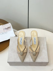 JIMMY CHOO 26S HEELED MULES 80 MM IN BEIGE CRYSTAL EMBELLISHMENT