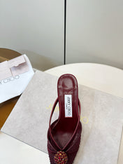 JIMMY CHOO 26S HEELED MULES 80 MM IN DARK RED CRYSTAL EMBELLISHMENT