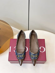 GUCCI 26S STUD BALLET FLATS IN BLUE DENIM AND BROWN CALFSKIN