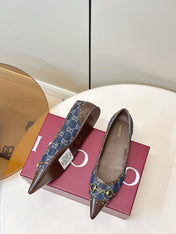 GUCCI 26S STUD BALLET FLATS IN BLUE DENIM AND BROWN CALFSKIN
