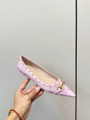 GUCCI 26S STUD BALLET FLATS IN LIGHT PINK CANVAS AND CALFSKIN