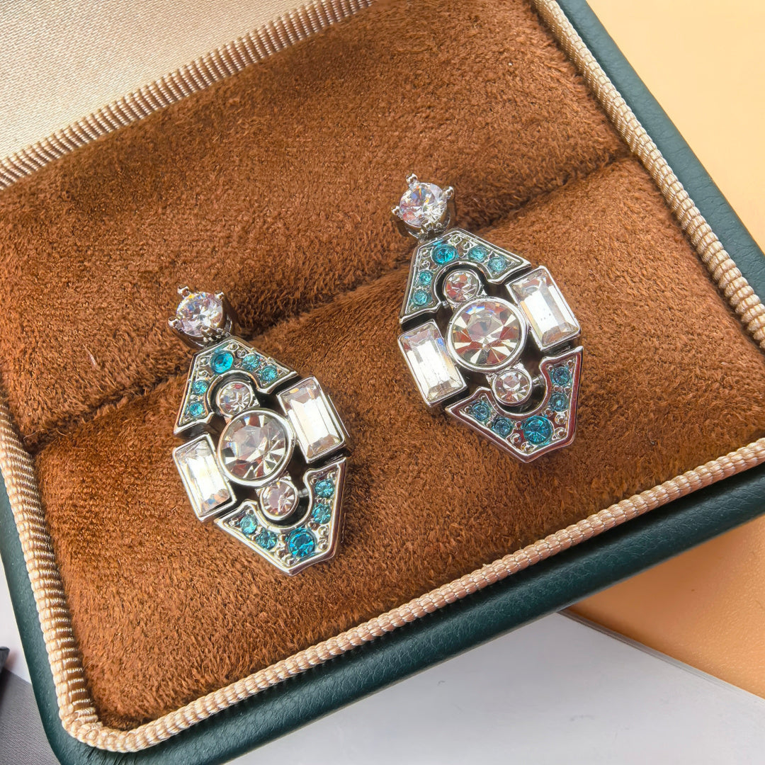 MIUMIU 26S GEOMETRIC CRYSTAL EMBELLISHED DROP EARRINGS IN SILVER TONE METAL 619178