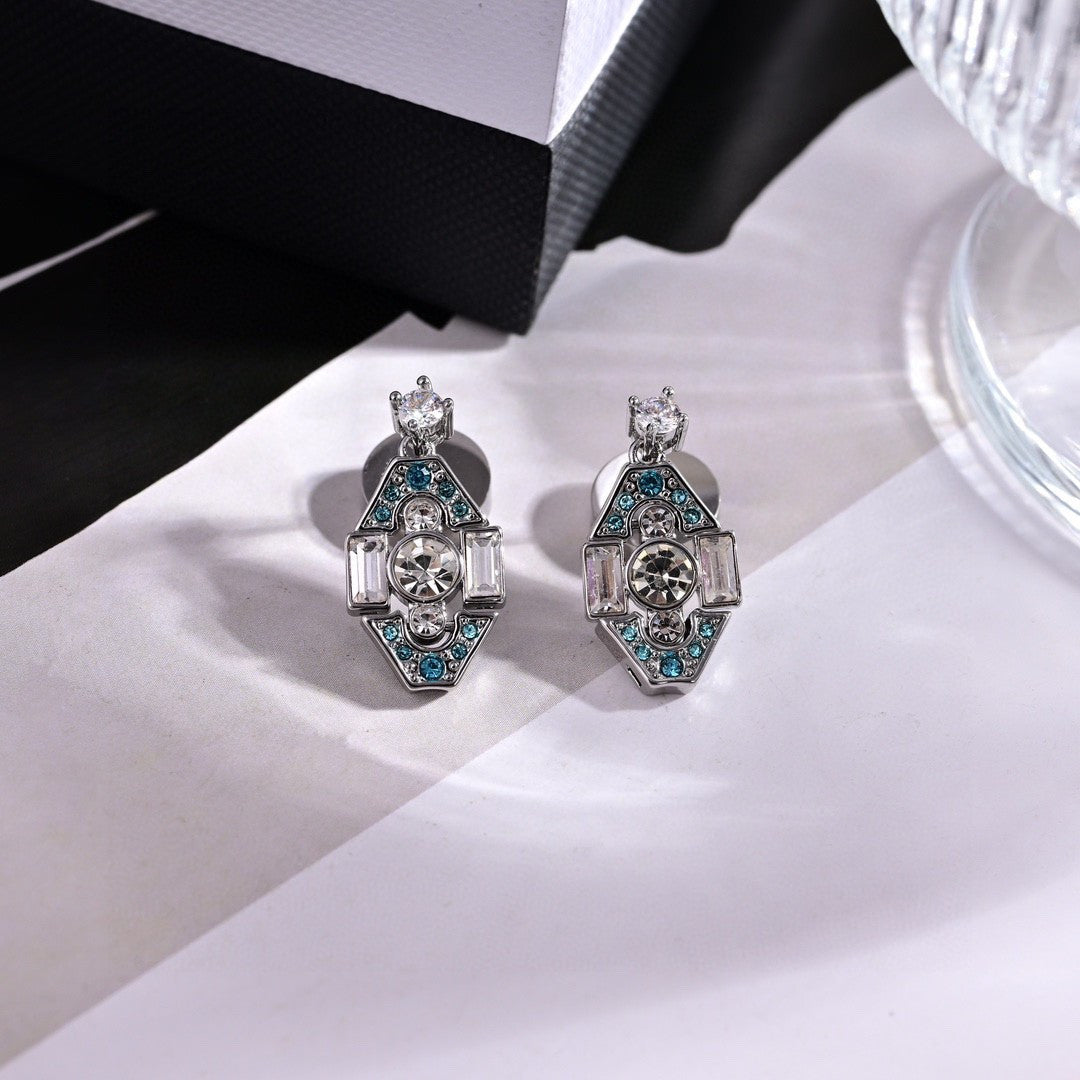 MIUMIU 26S GEOMETRIC CRYSTAL EMBELLISHED DROP EARRINGS IN SILVER TONE METAL 619178