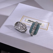 MIUMIU 26S CRYSTAL OVAL STUD EARRINGS IN TURQUOISE AND CLEAR STONES IN SILVER TONE METAL 626875