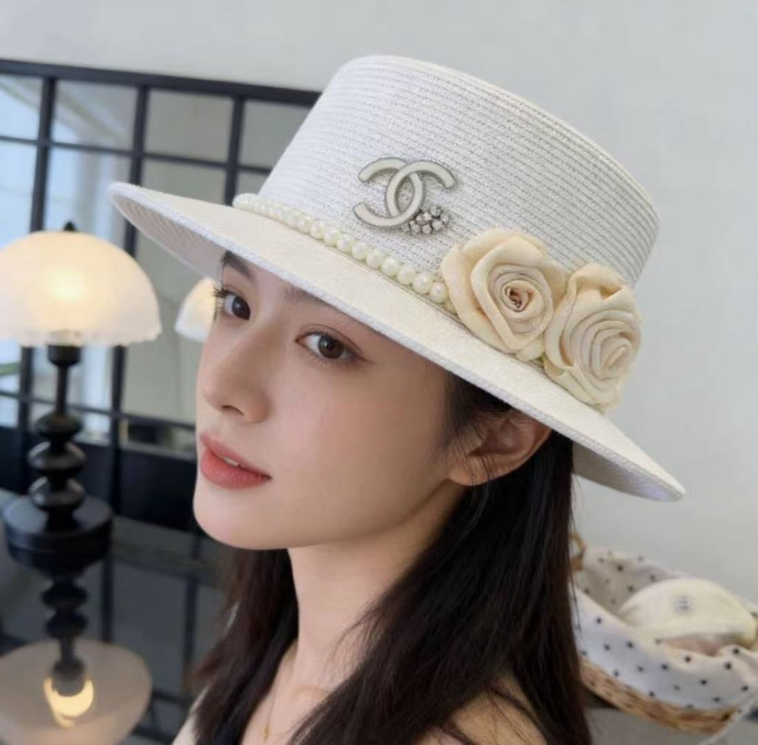 CHANEL 26S BOATER HAT FLORAL EMBELLISHMENT 338038