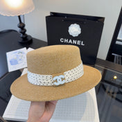CHANEL 26S BOATER STRAW HAT WITH CRYSTAL-EMBELLISHED CC LOGO 338039