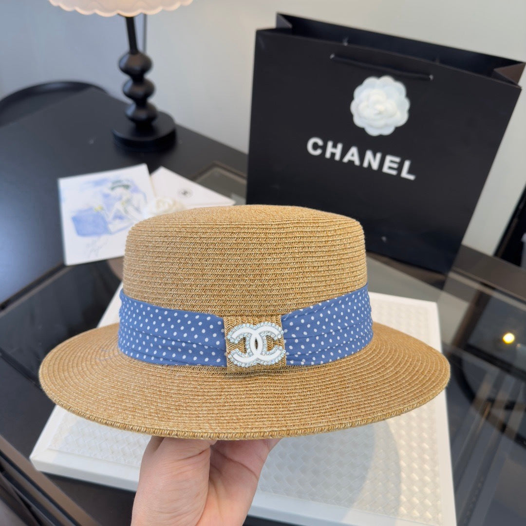 CHANEL 26S BOATER STRAW HAT WITH CRYSTAL-EMBELLISHED CC LOGO 338040