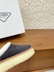 PRADA 25S PLATFORM FUR-LINED MULES IN DARK GREY SUEDE