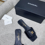 CHANEL 26S FLAT SLIDES IN BLACK LAMBSKIN