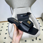 CHANEL 26S FLAT SLIDES IN BLACK LAMBSKIN