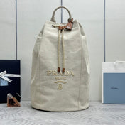 PRADA 25S DRAWSTRING BACKPACK 55 IN BEIGE CANVAS LINEN SILVER HARDWARE