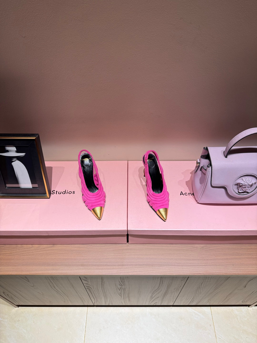 BALMAIN 26S SLINGBACK HEELS 100 MM IN DARK PINK SUEDE