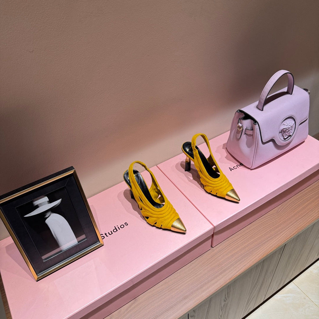 BALMAIN 26S SLINGBACK HEELS 100 MM IN SUNFLOWER YELLOW SUEDE