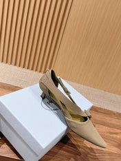 PRADA 26S SLINGBACK KITTEN HEELS 45MM IN LIGHT BROWN FABRIC STRAP BUCKLE