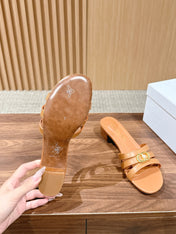 DIOR 26S MID HEEL SANDALS IN CARAMEL BROWN CALFSKIN MULTI STRAP GOLD HARDWARE