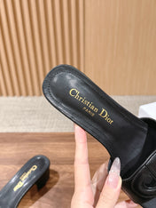 DIOR 26S LOW HEEL SLIDE SANDALS IN BLACK CALFSKIN PEARL GOLD BUCKLE