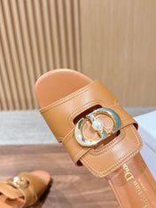 DIOR 26S LOW HEEL SLIDE SANDALS IN CARAMEL BROWN CALFSKIN GOLD PEARL BUCKLE